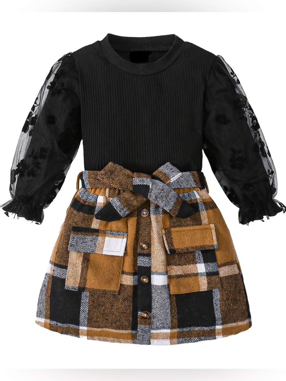 Girl Fall Outfits Long Sleeve Cute T-Shirt Tops Plaid Skirts Size 6-7 yr